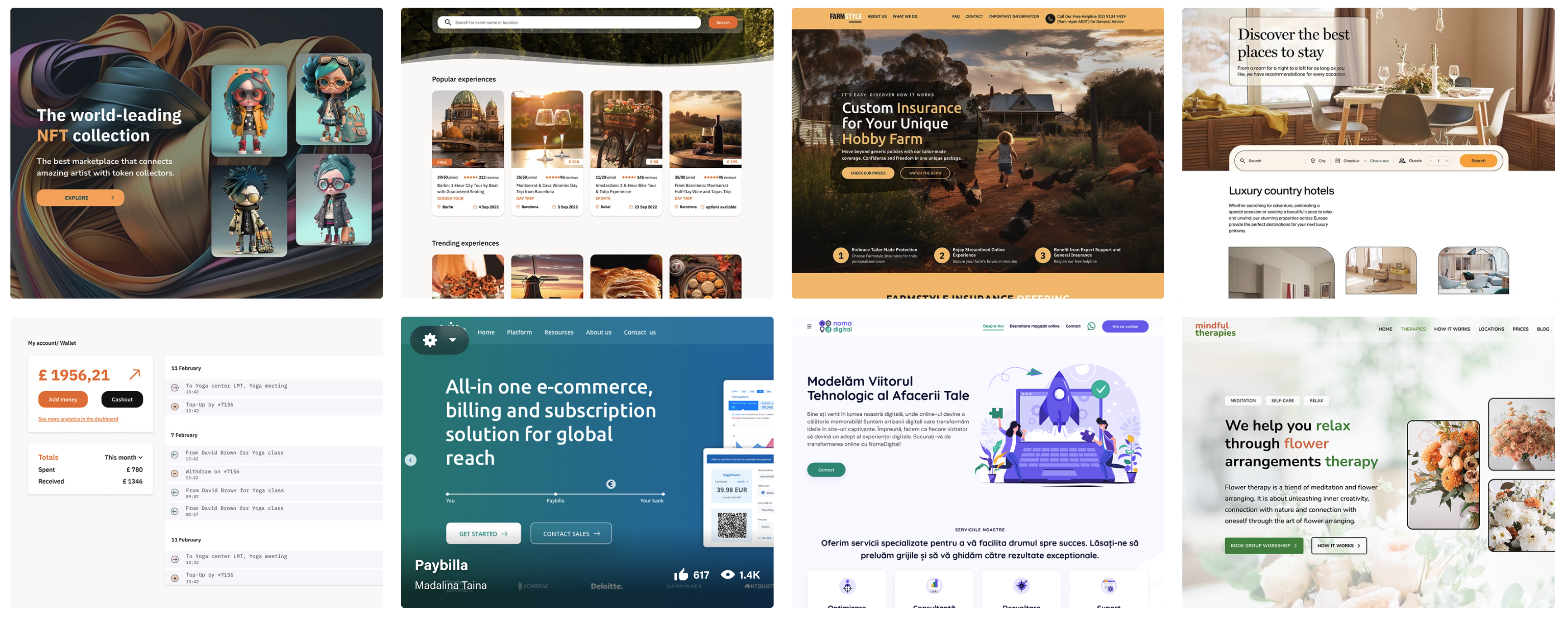 More web design projects: a travel experiences platform, an insurance website, hotel booking, a digital wallet, an e-commerce billing solution and a business website